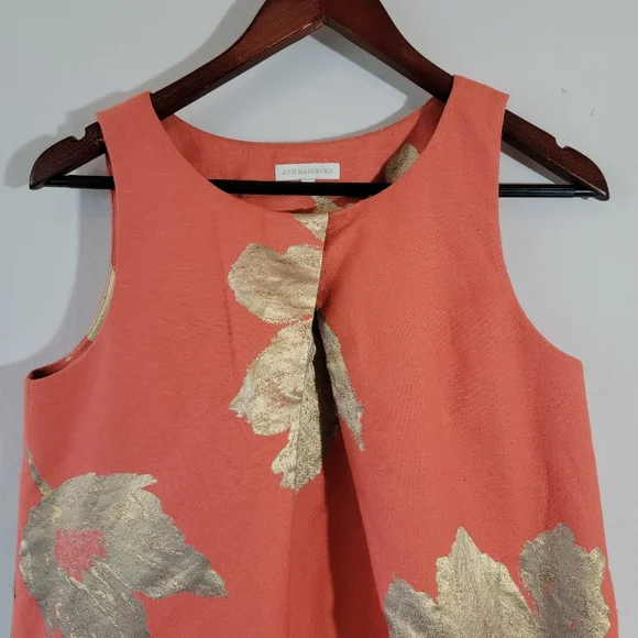ANN MASHBURN Orange Gold Floral Susy Shift Dress Sz M Sleeveless Quite Luxury